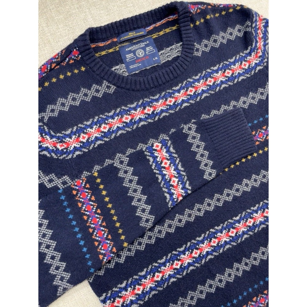American Eagle Fair Isle Men's Sweater Striped Knit Blue‎ Orange Size Large